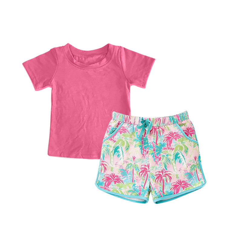 Baby Girls Pink Short Sleeve Shirts Watercolor Beach Pockets Shorts Clothes Set Preorder