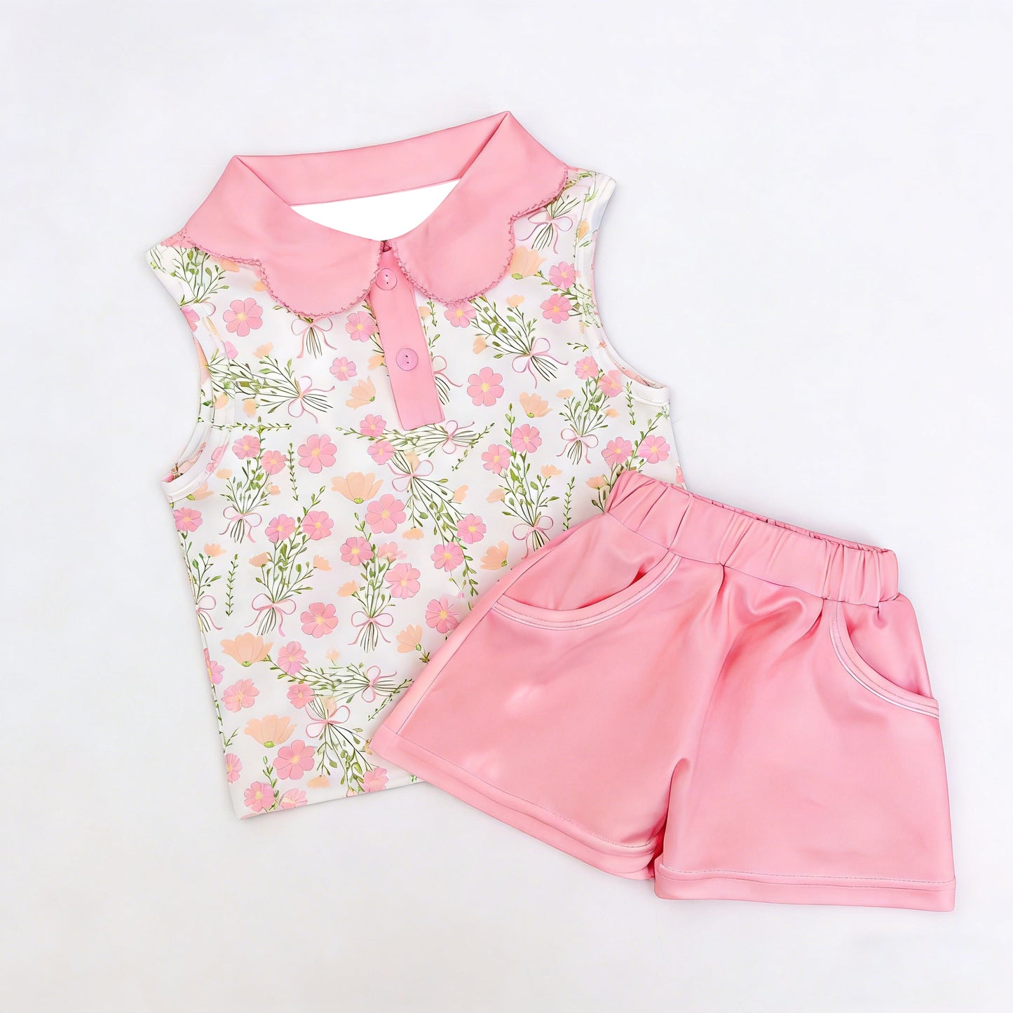 Baby Girls Sleeveless Pink Flowers Button Top Pockets Short Clothes Sets Preorder