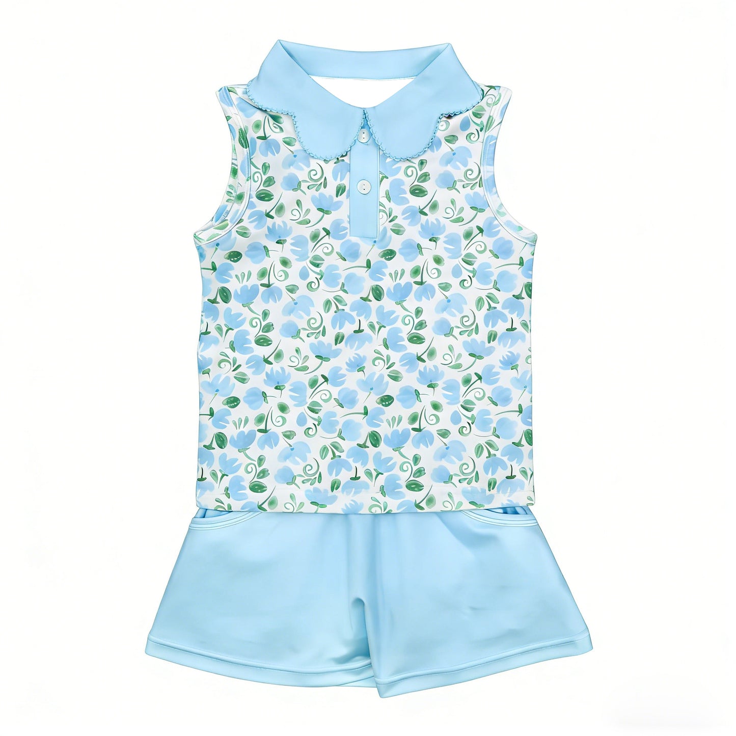 Baby Girls Sleeveless Blue Flowers Button Top Pockets Short Clothes Sets Preorder