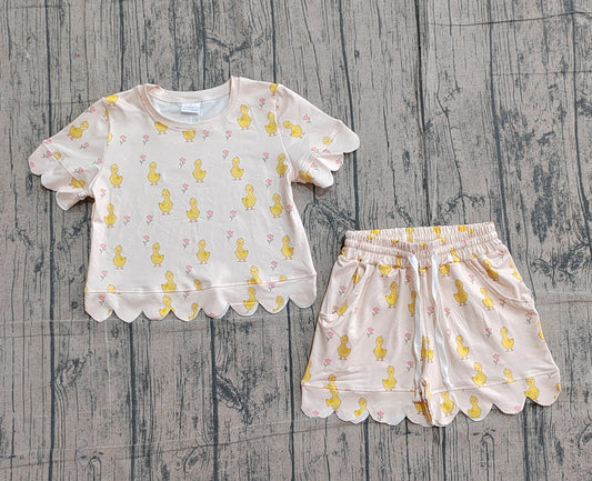 Baby Girls Small Flowers Chicks Top Scallop Shorts Clothes Sets