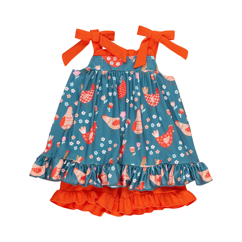 Baby Girls Strap Flowers Chicks Tunic Ruffle Shorts Farm Clothes Sets Preorder
