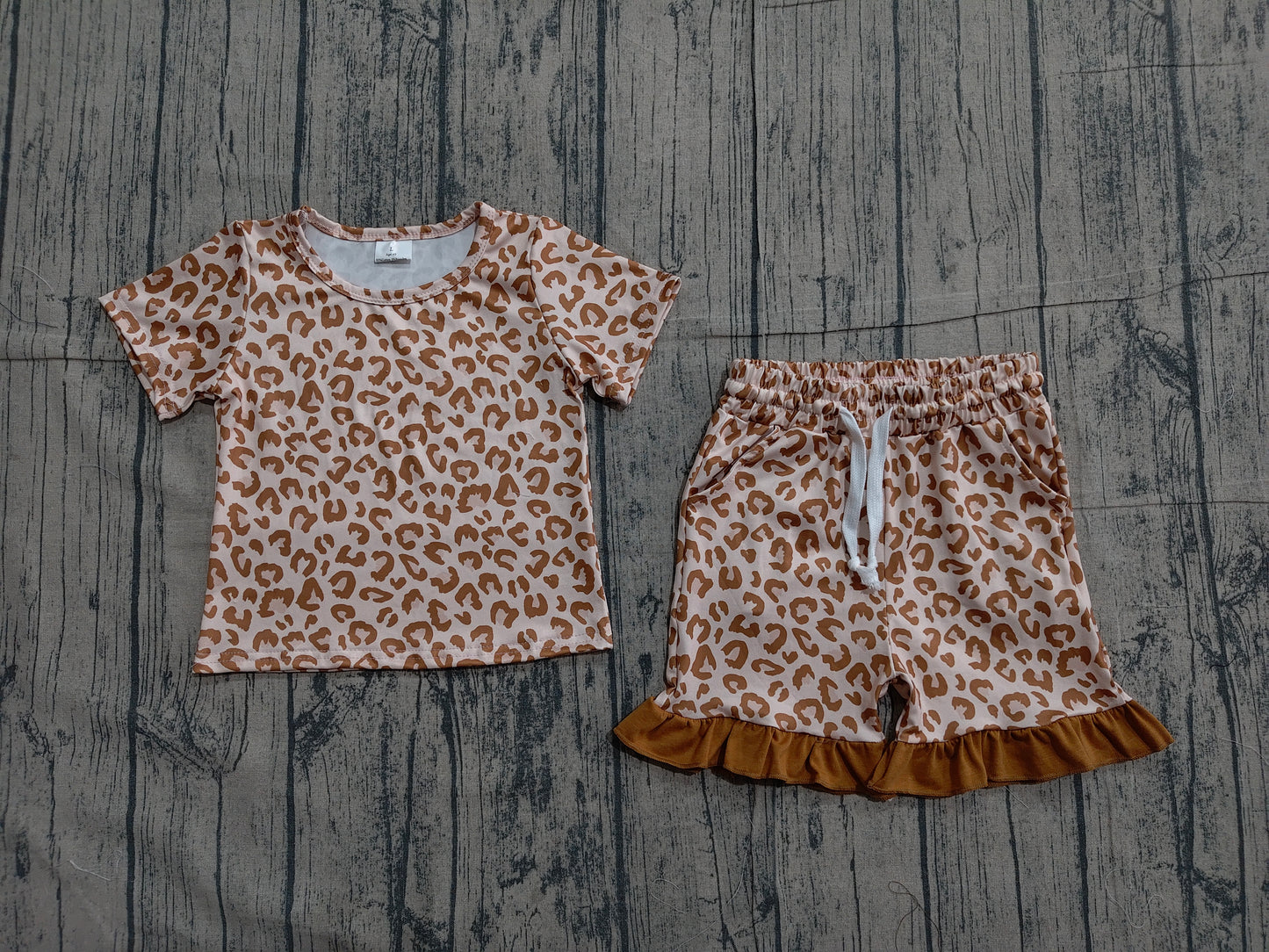 Baby Girls Khaki Leopard Top Pockets Ruffle Shorts Pajamas Clothes Sets