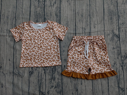 Baby Girls Khaki Leopard Top Pockets Ruffle Shorts Pajamas Clothes Sets