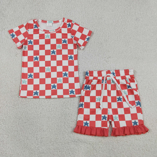 Baby Girls Red Checked Stars Top Pockets Ruffle Shorts 4th of July Clothes Sets