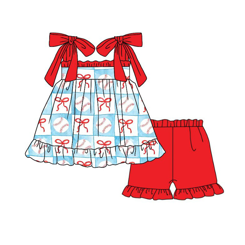 Baby Girls Strap Bows Baseballs Checked Tunic Ruffle Shorts Team Clothes Sets Preorder