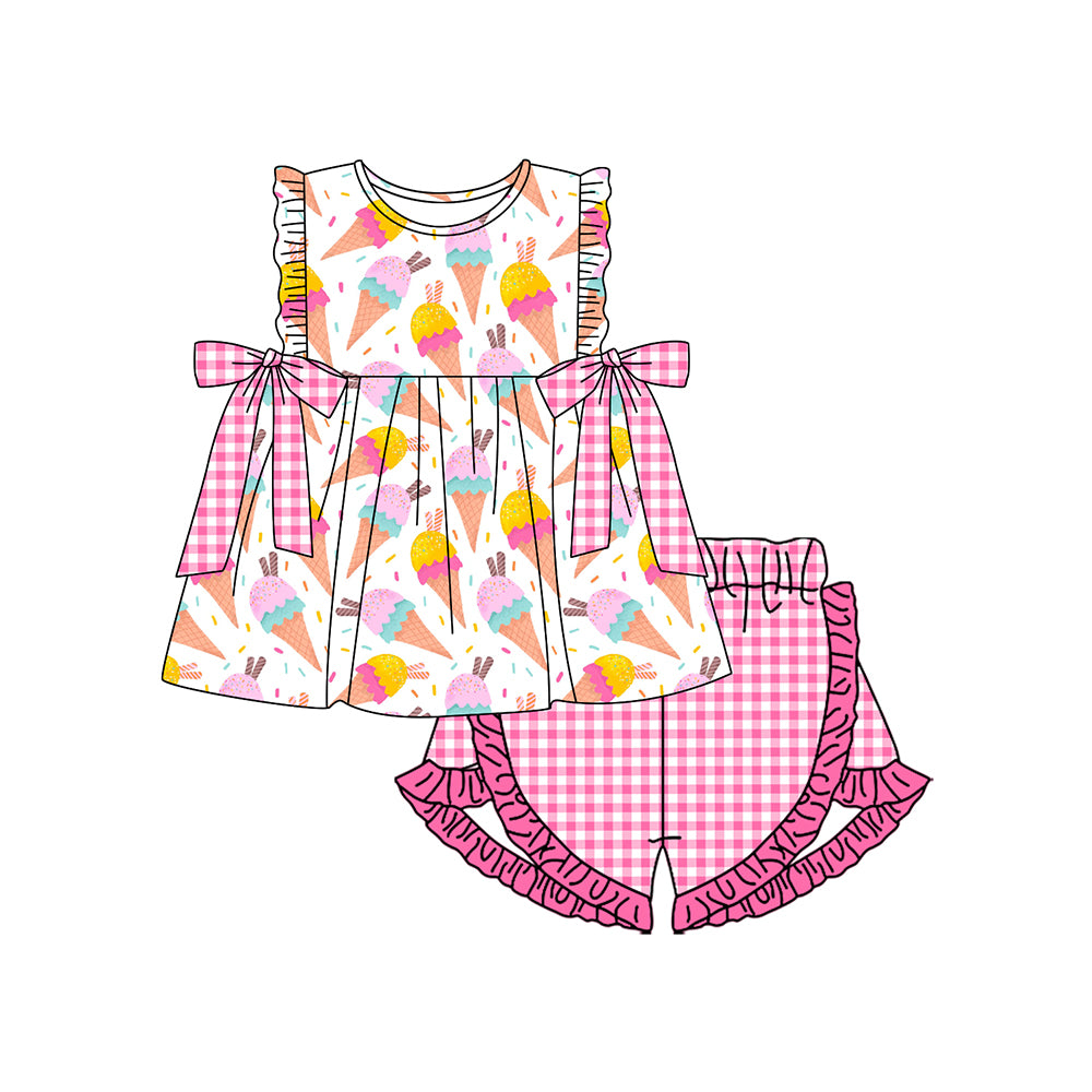 Baby Girls Ice Cream Sprinkles Tunic Checked Ruffle Shorts Clothes Sets Preorder