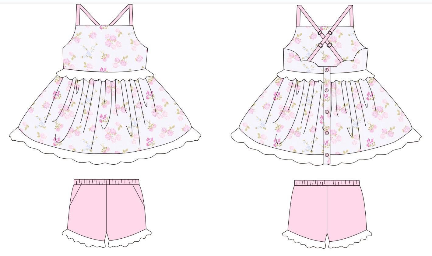 Baby Girls Strap Flowers Button Tunic Pockets Ruffle Shorts Clothes Sets Preorder