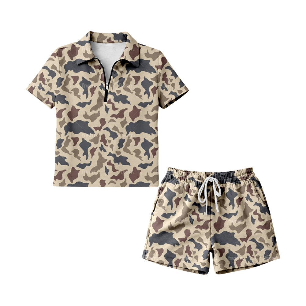 Adult Women Southern Khaki Camo Zip Pullovers Pockets Short Clothes Sets Preorder
