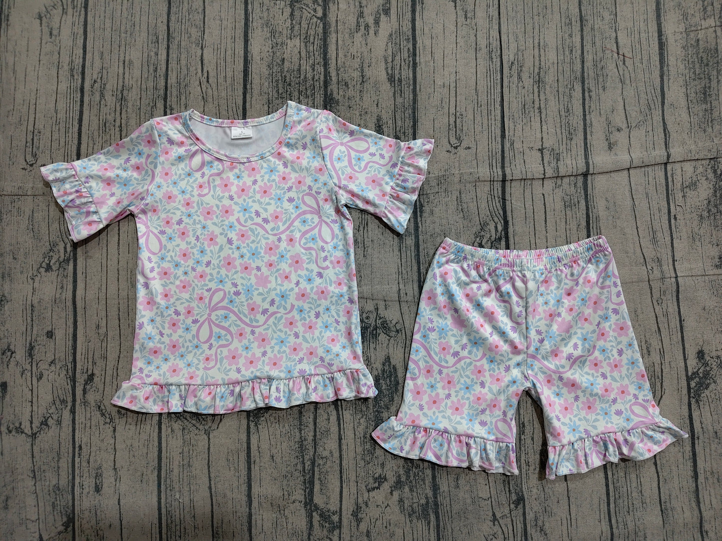 Baby Girls Colorful Flowers Bows Top Ruffle Shorts Pajamas Clothes Sets