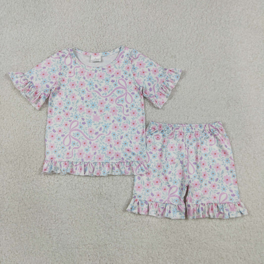 Baby Girls Colorful Flowers Bows Top Ruffle Shorts Pajamas Clothes Sets