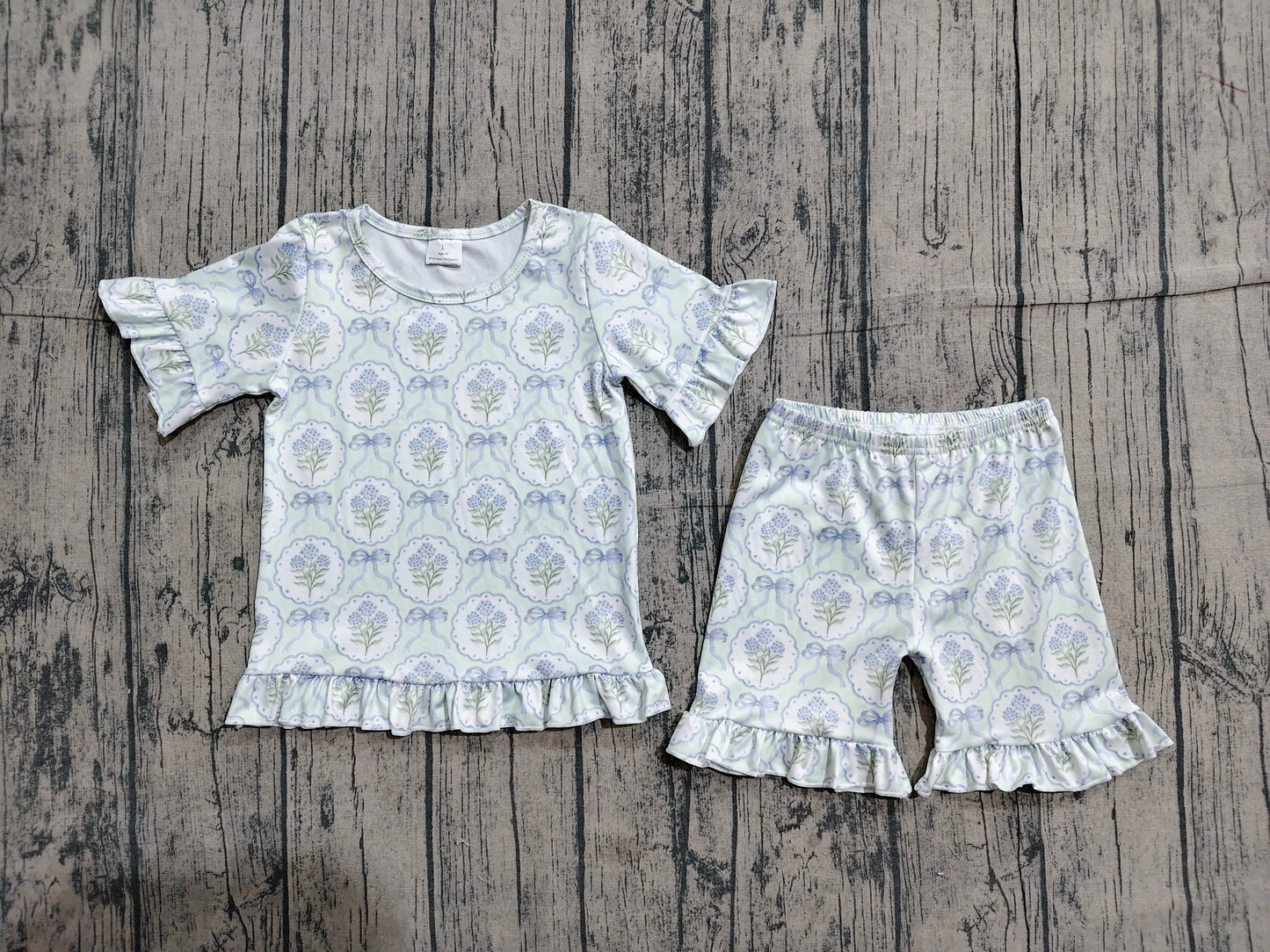 Baby Girls Blue Bows Flowers Top Ruffle Shorts Pajamas Clothes Sets