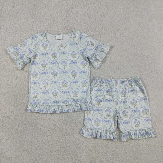 Baby Girls Blue Bows Flowers Top Ruffle Shorts Pajamas Clothes Sets