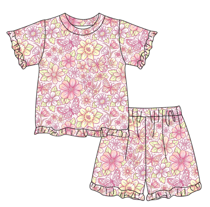 Baby Girls Pink Butterfly Flowers Top Ruffle Shorts Pajamas Clothes Sets Preorder