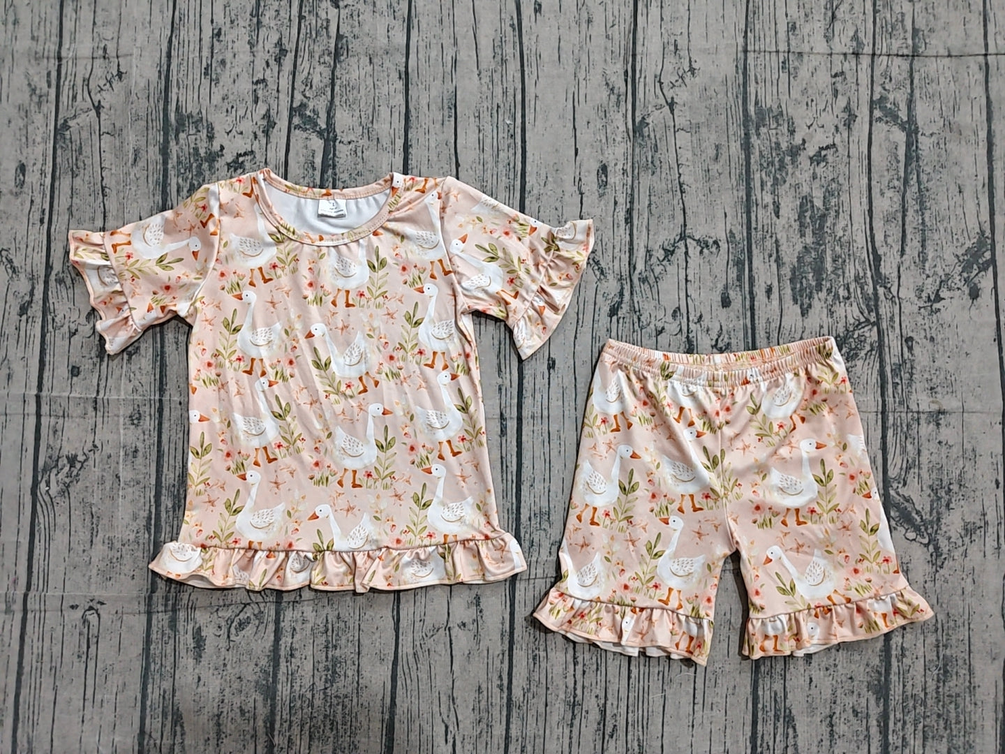 Baby Girls Flowers Gooses Top Ruffle Shorts Pajamas Clothes Sets