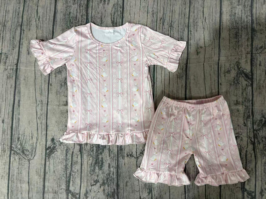 Baby Girls Bow Gooses Stripe Top Ruffle Shorts Pajamas Clothes Sets