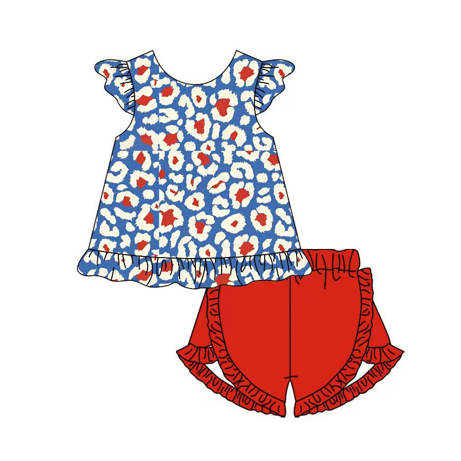Baby Girls Red Blue Leopard Tunic Ruffle Shorts 4th of July Clothes Sets Preorder