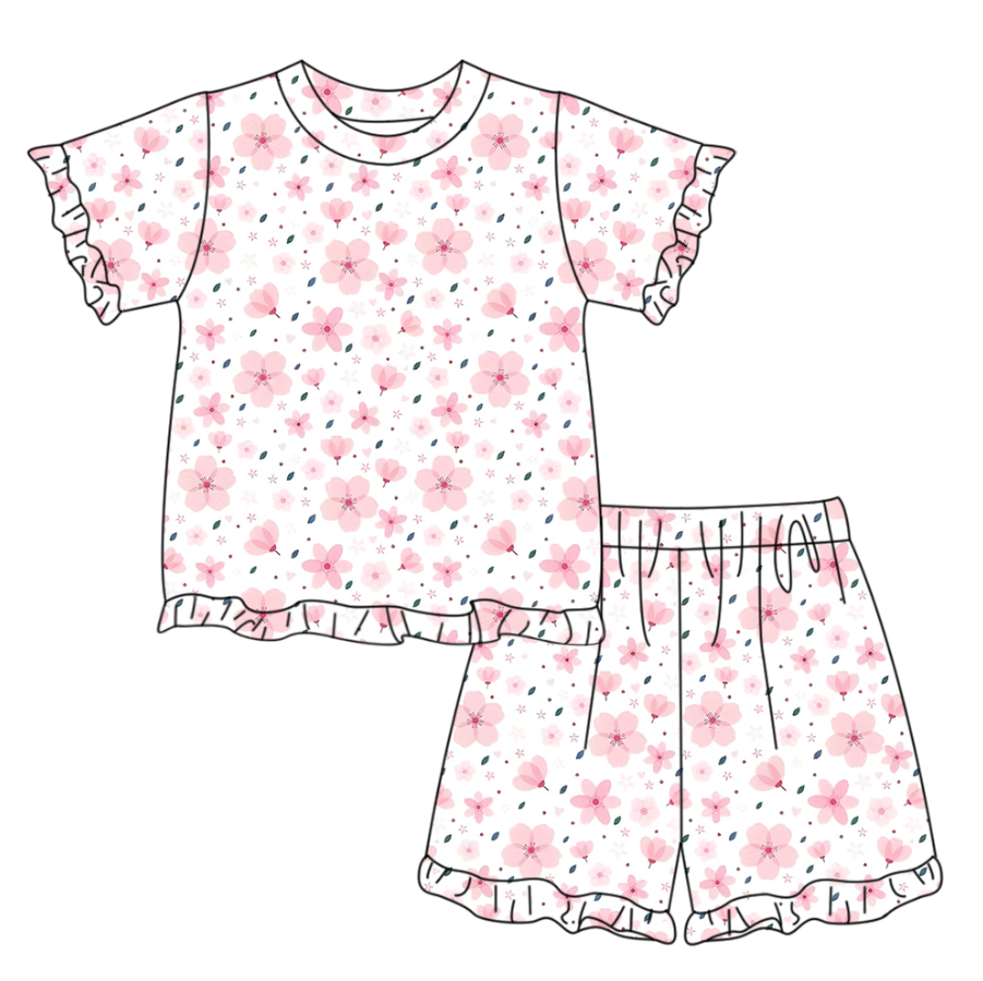 Baby Girls Short Sleeve Pink Flowers Top Ruffle Short Clothes Set Preorder