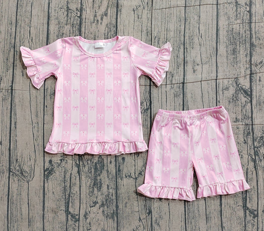 Baby Girls Short Sleeve Pink Bows Stripe Top Ruffle Short Clothes Set