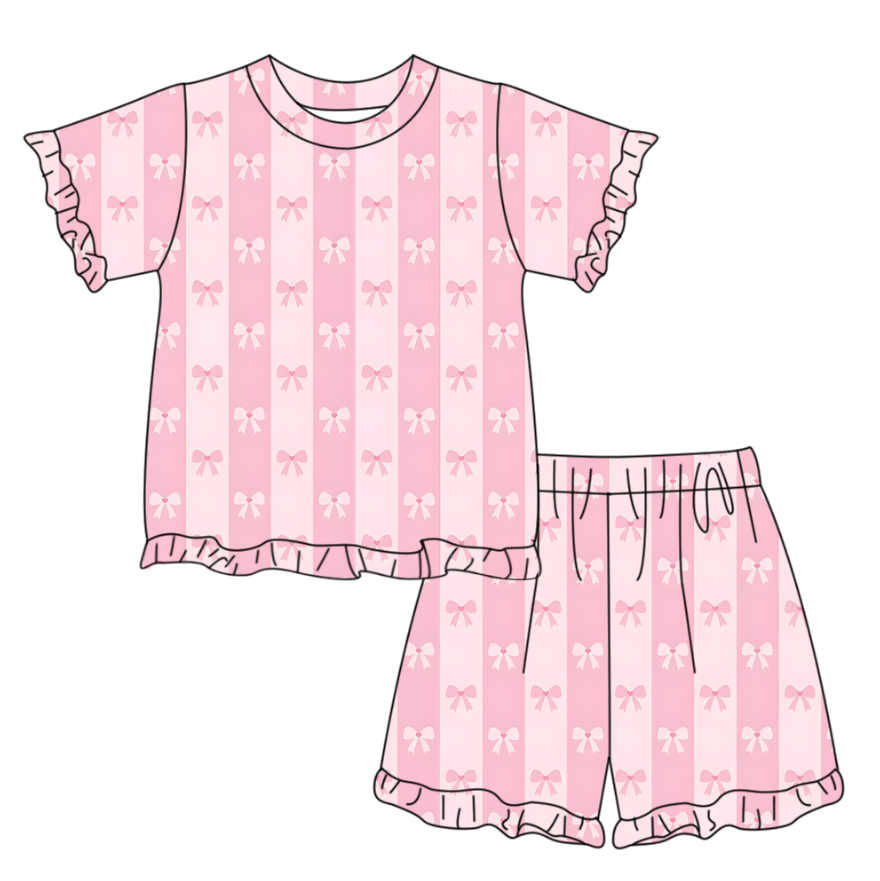 Baby Girls Short Sleeve Pink Bows Stripe Top Ruffle Short Clothes Set Preorder