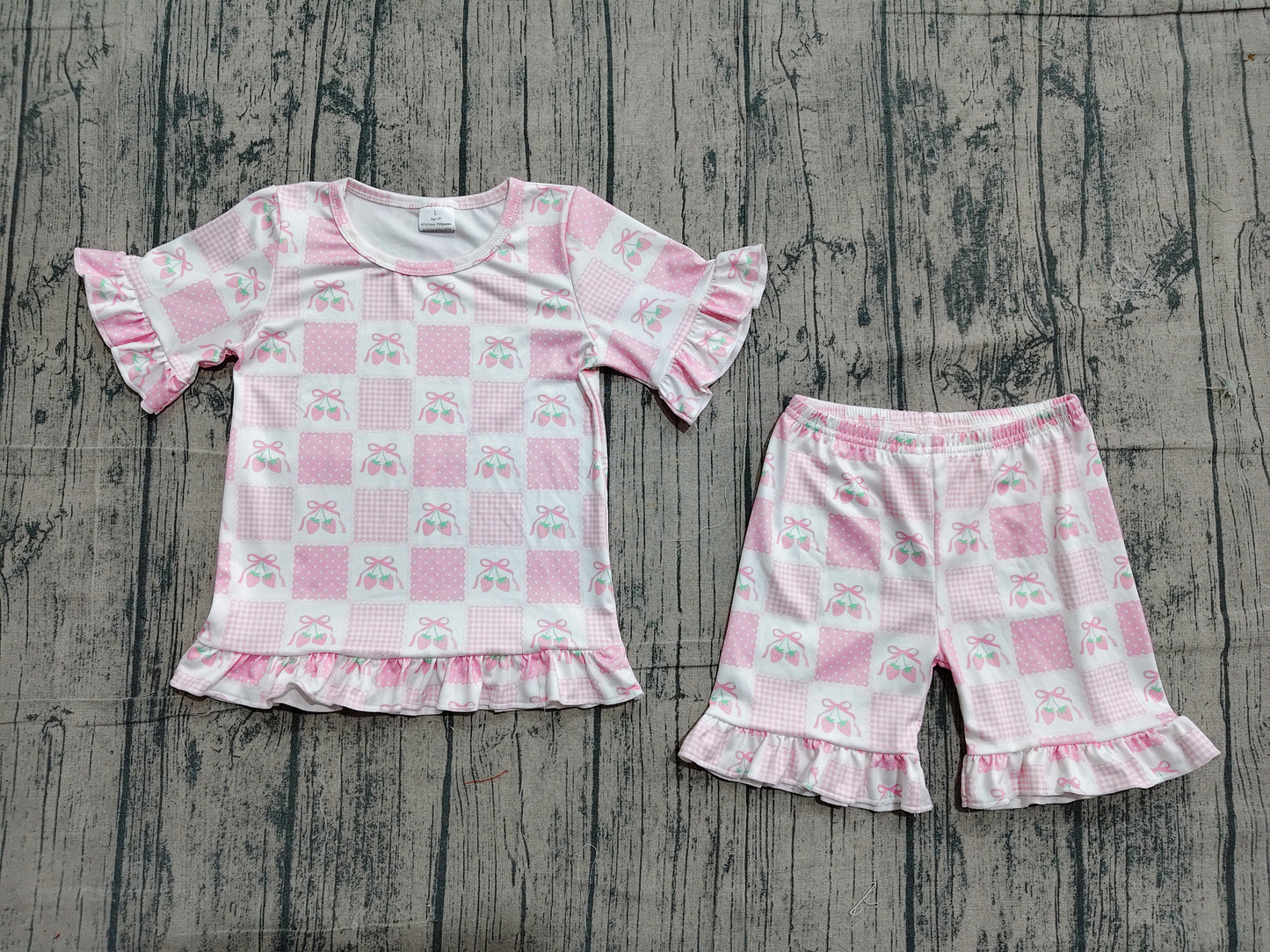 Baby Girls Short Sleeve Pink Bows Strawberry Checked Top Ruffle Short Clothes Set