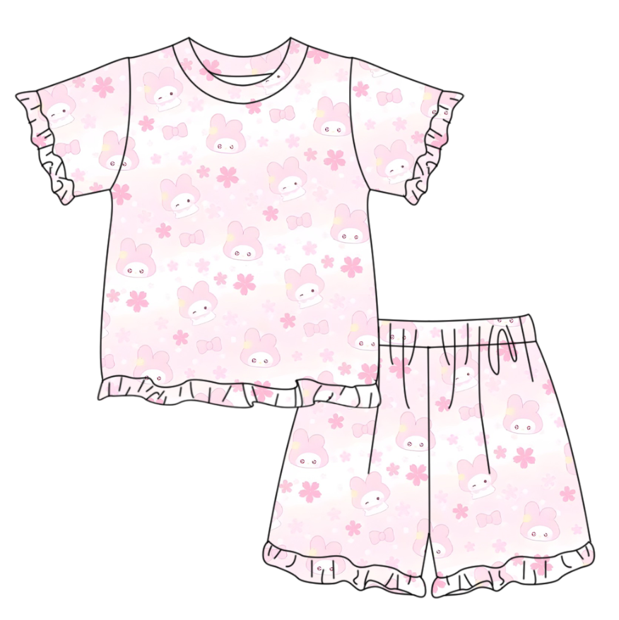 Baby Girls Short Sleeve Pink Flower Rabbits Top Ruffle Short Easter Clothes Set Preorder