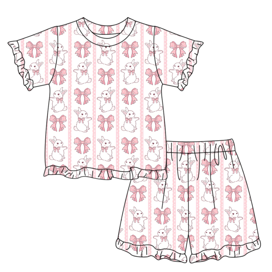 Baby Girls Short Sleeve Pink Bow Rabbits Stripe Top Ruffle Short Easter Clothes Set Preorder