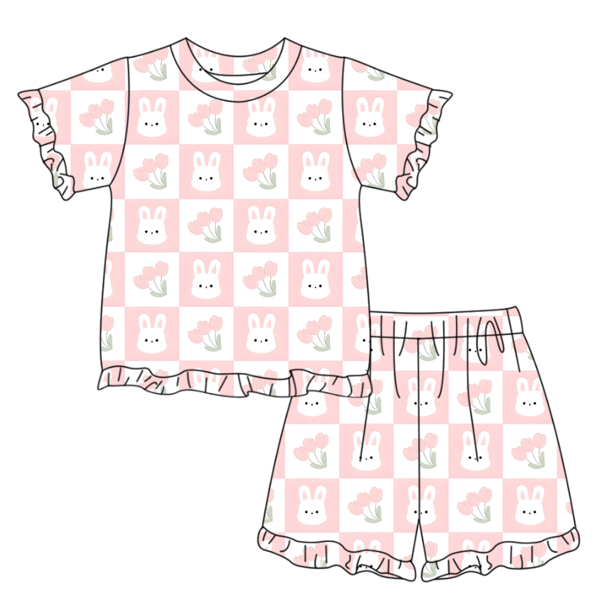 Baby Girls Short Sleeve Flower Rabbits Checked Top Ruffle Short Easter Clothes Set Preorder