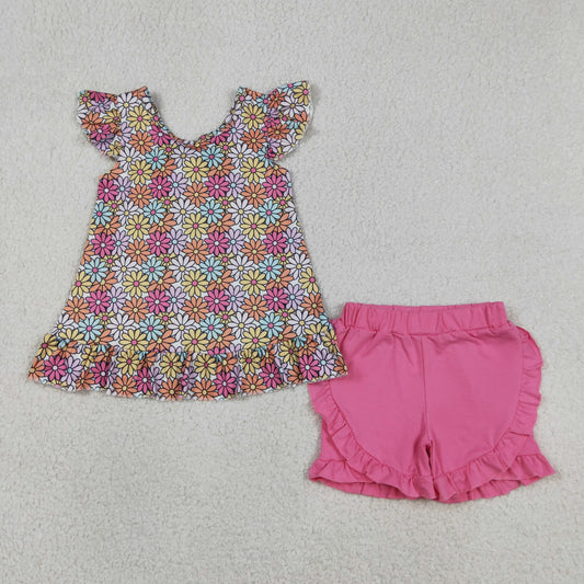 Baby Girls Colorful Daisy Flowers Back Bow Tunic Ruffle Shorts Clothes Sets