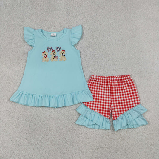 Embroidery Flag Dogs Baby Girls Tunic Checked Ruffle Shorts 4th of July Clothes Sets