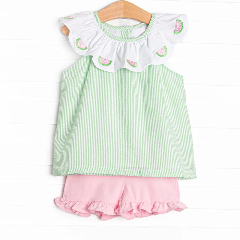 Baby Girls Watermelons Collar Stripe Tunic Ruffle Shorts Clothes Sets Preorder