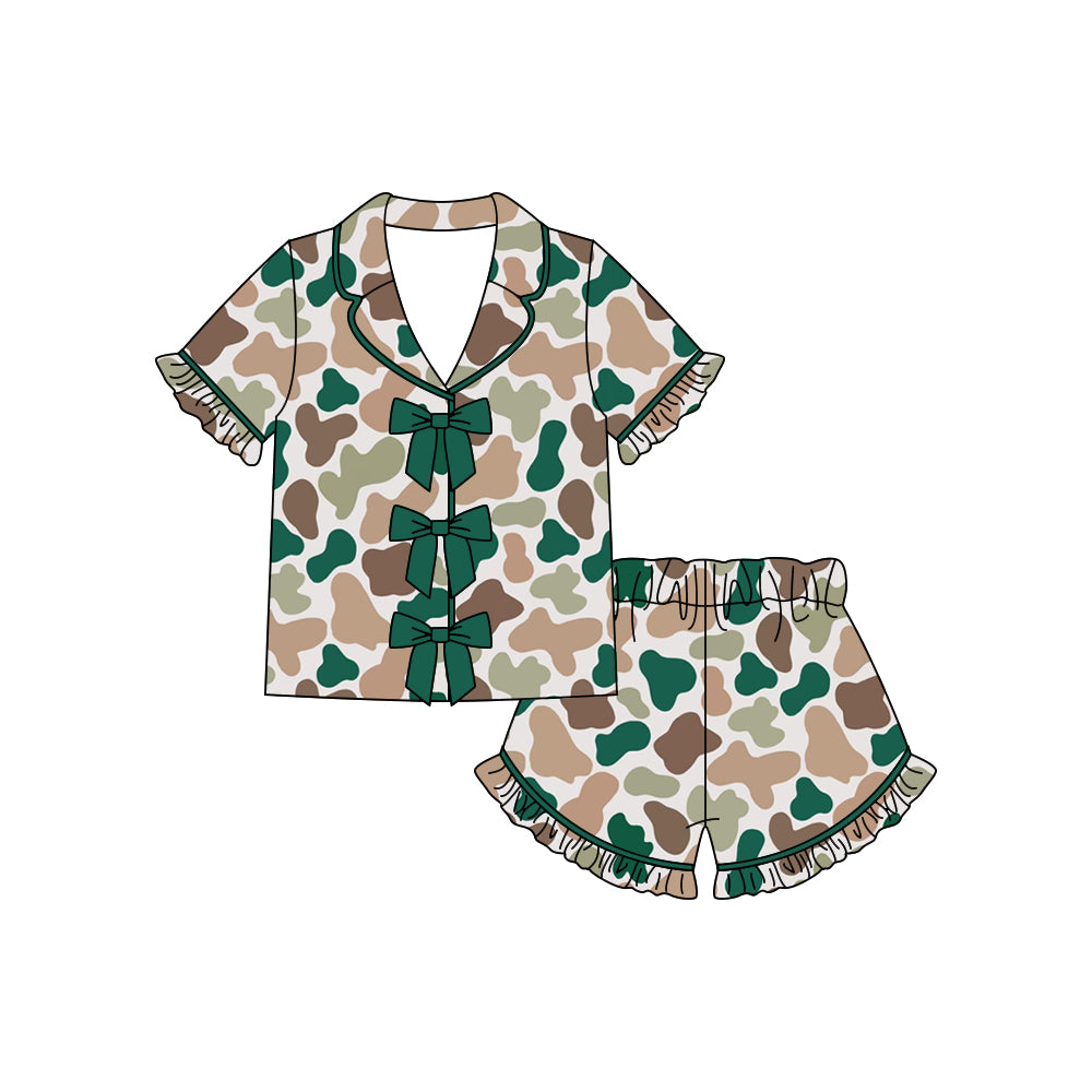 Baby Girls Southern Green Camo Button Top Ruffle Shorts Hunting Pajamas Sets Preorder
