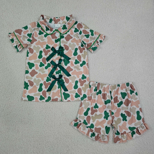 Baby Girls Khaki Green Camo Bows Button Top Ruffle Shorts Pajamas Sets