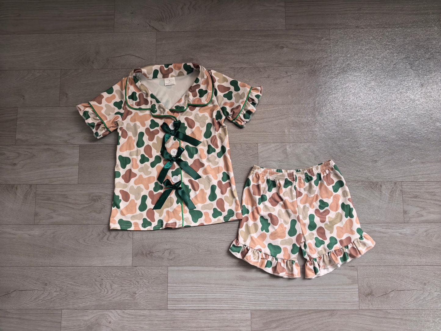 Baby Girls Southern Green Camo Button Top Ruffle Shorts Hunting Pajamas Sets Preorder