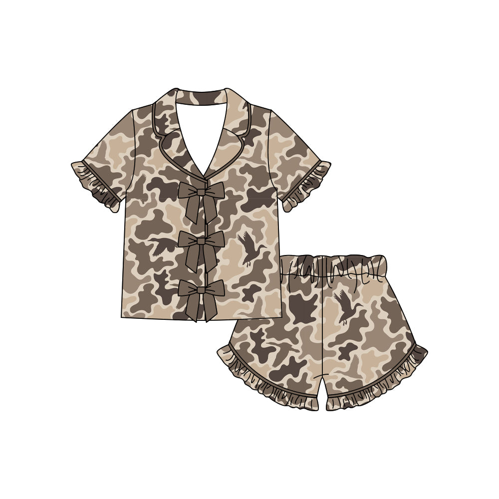 Baby Girls Southern Khaki Ducks Camo Button Top Ruffle Shorts Hunting Pajamas Sets Preorder