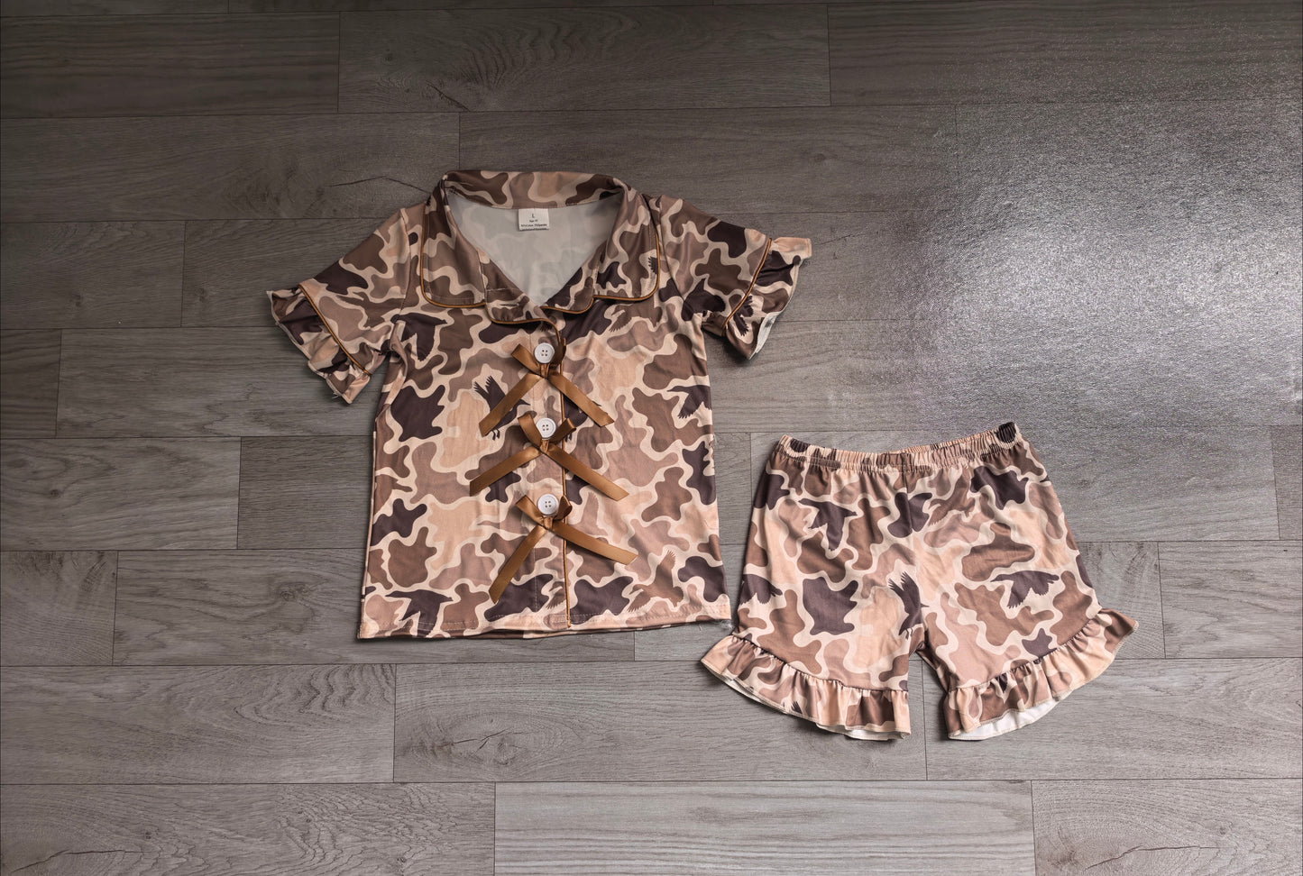 Baby Girls Southern Khaki Ducks Camo Bows Button Top Ruffle Shorts Hunting Pajamas Sets