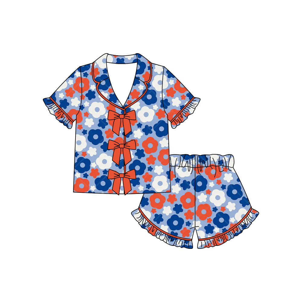 Baby Girls Flowers Button Top Ruffle Shorts 4th of July Pajamas Sets Preorder