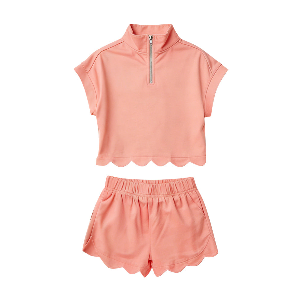 Baby Girls Peach Zipper Scallop Pullover Top Pockets Short Checked Set Preorder