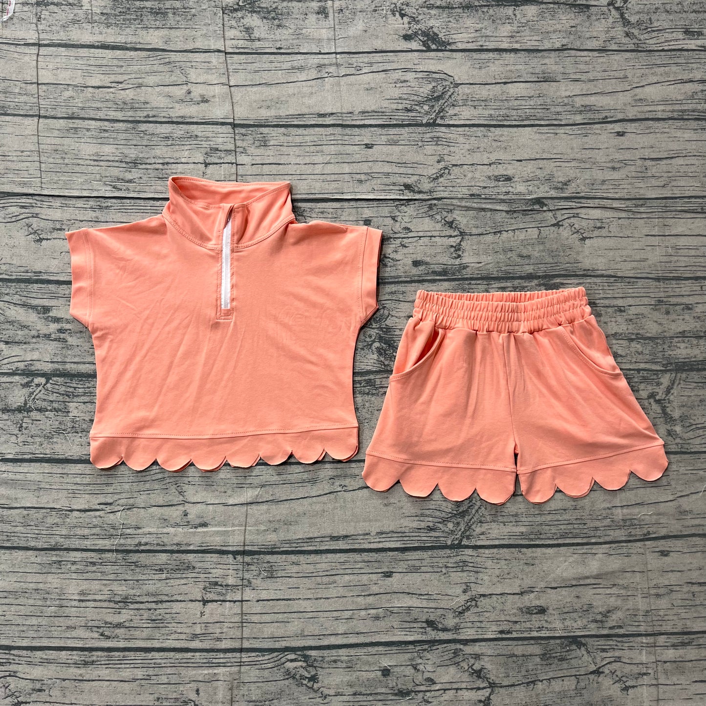 Baby Girls Peach Zip Pullover Top Pockets Short Scallop Clothes Set