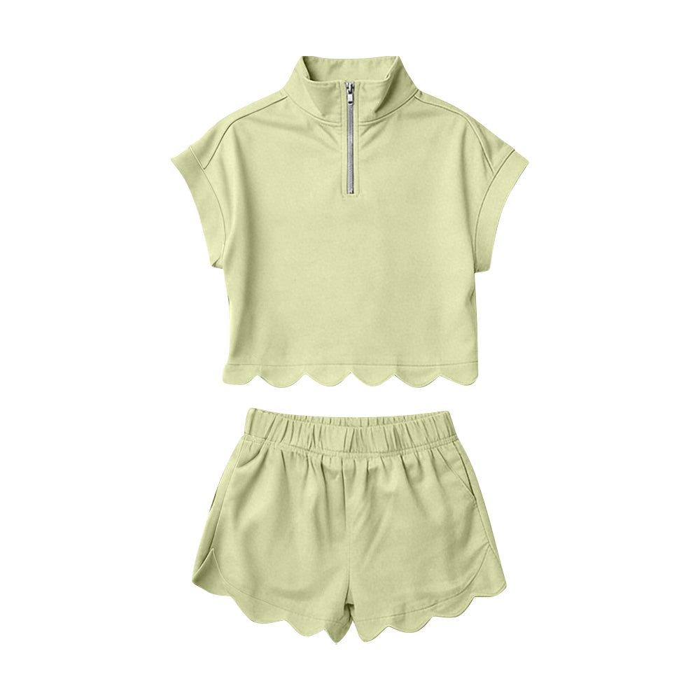 Baby Girls Green Zipper Scallop Pullover Top Pockets Short Checked Set Preorder