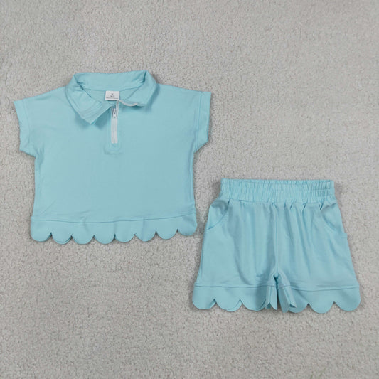 Baby Girls Blue Zip Pullover Top Pockets Short Scallop Clothes Set