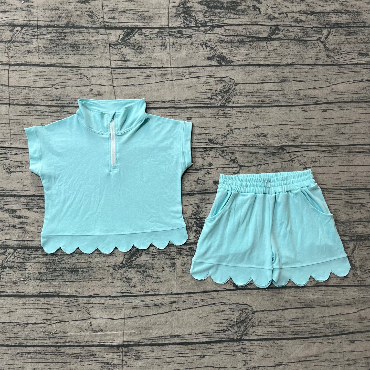 Baby Girls Blue Zip Pullover Top Pockets Short Scallop Clothes Set