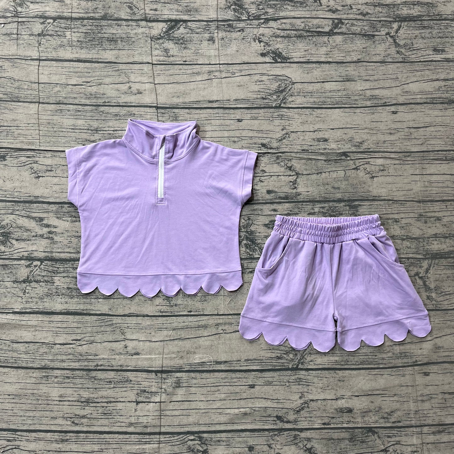 Baby Girls Lavender Zip Pullover Top Pockets Short Scallop Clothes Set