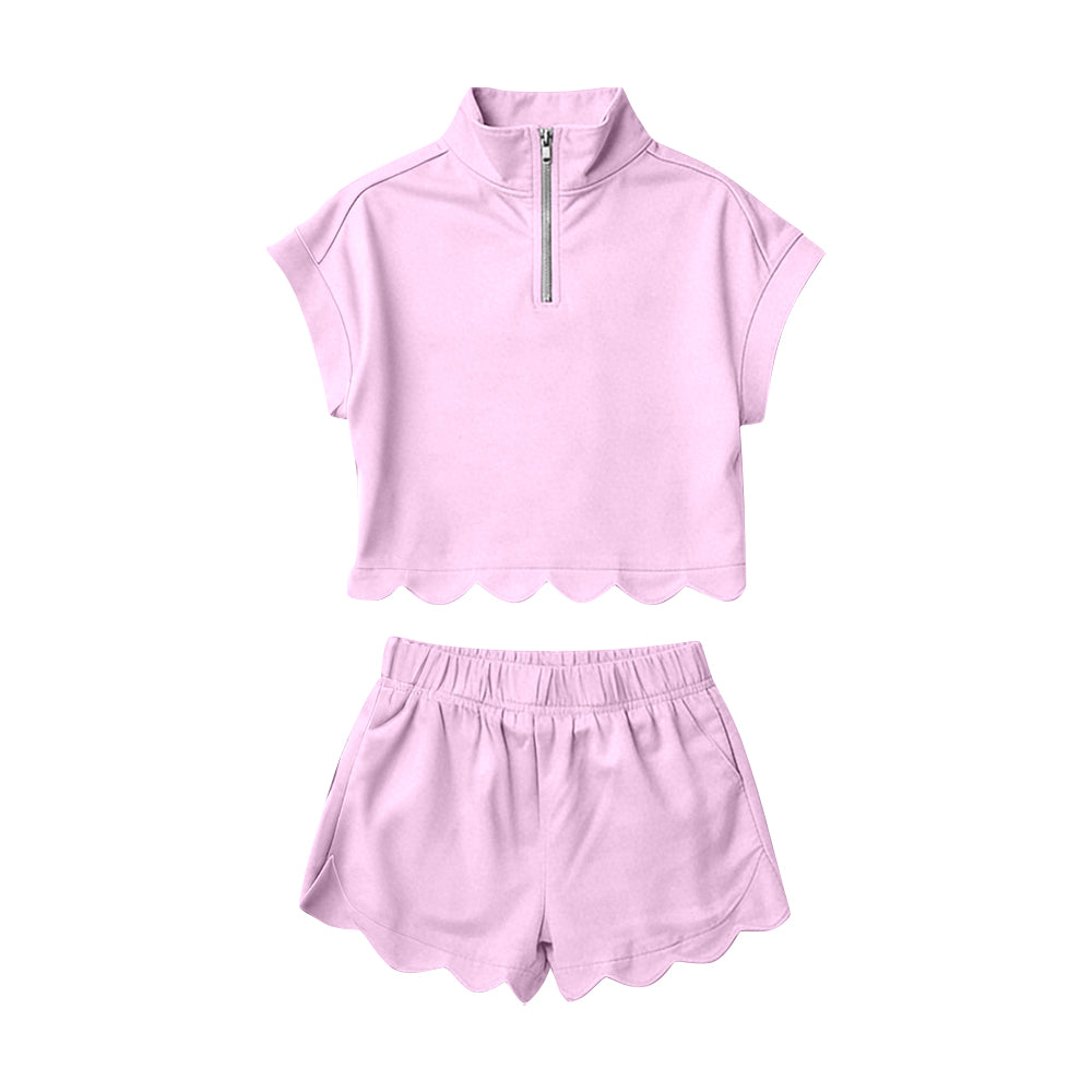 Baby Girls Pink Zipper Scallop Pullover Top Pockets Short Checked Set Preorder