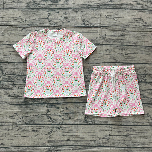 Baby Girls Short Sleeve Bows Flowers Checked Top Shorts Slouchy Set