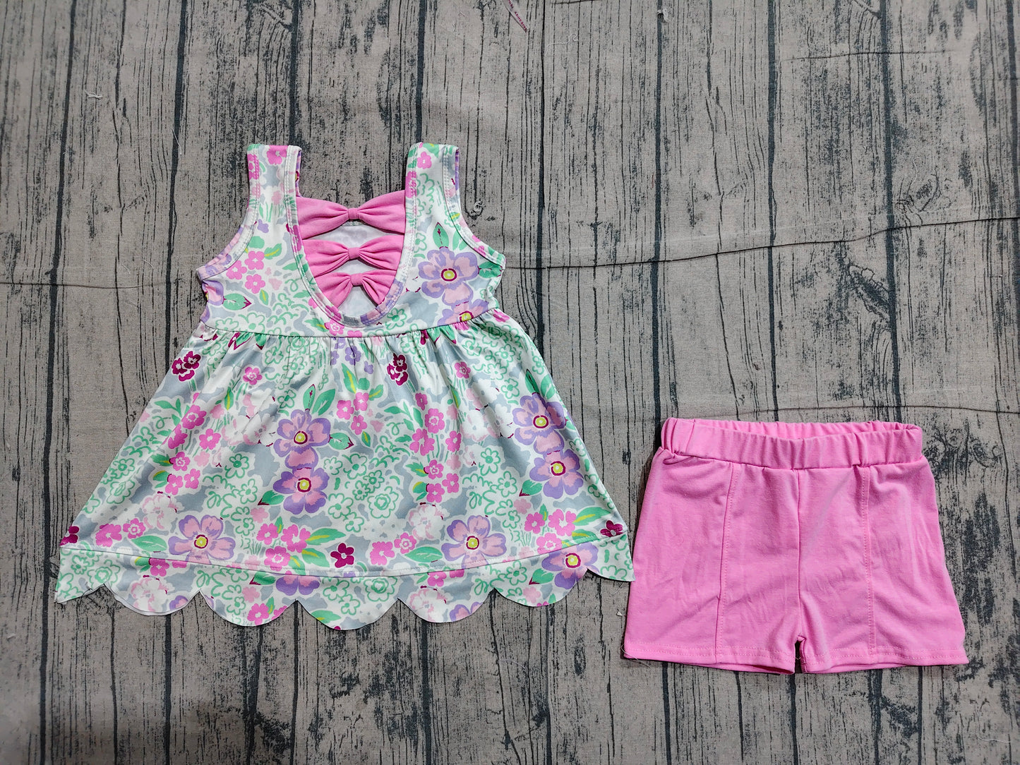 Baby Girls Sleeveless Colorful Flowers Scallop Tunic Shorts Clothes Set