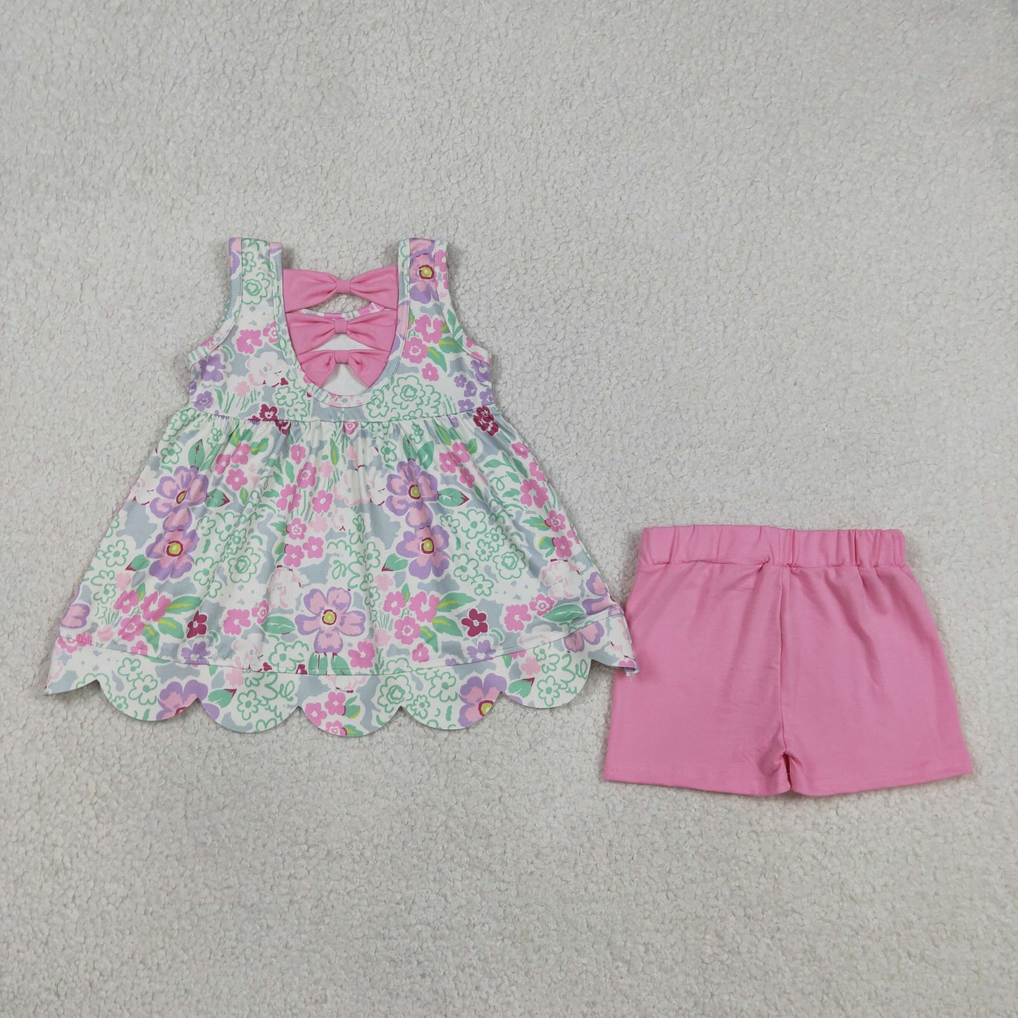 Sibling Baby Girls Colorful Bows Flowers Scallop Tunic Ruffle Shorts Clothes Sets