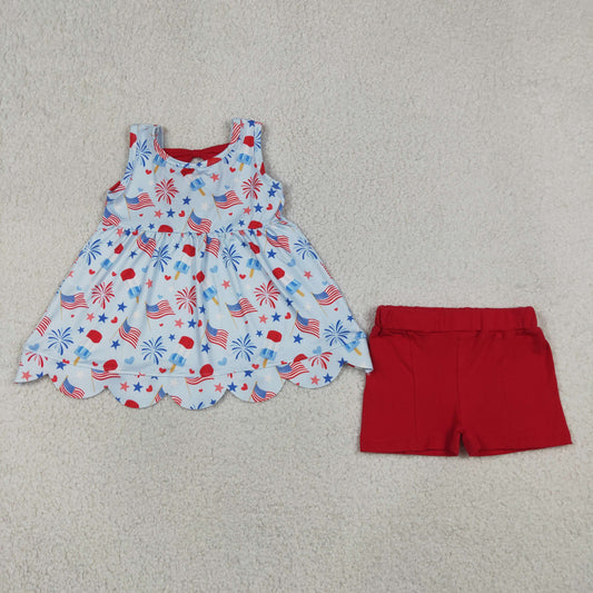 Baby Girls Popsicle Flags Scallop Back Bow Tunic Shorts 4th of July Clothes Set