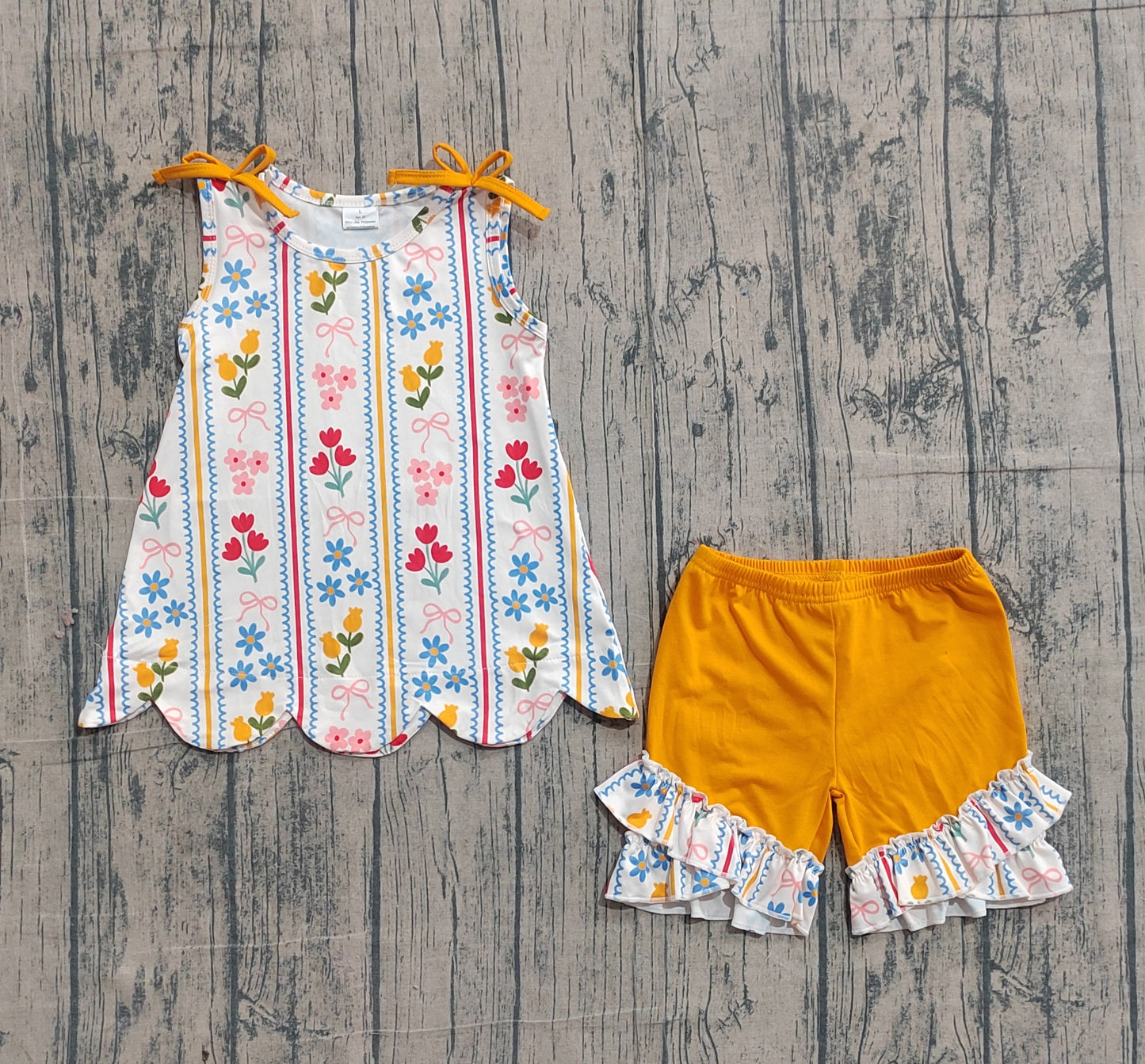 Baby Girls Bows Flowers Stripe Scallop Tunic Ruffle Shorts Clothes Set