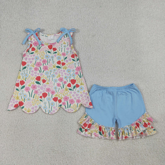 Baby Girls Sleeveless Colorful Flowers Scallop Tunic Ruffle Shorts Clothes Set