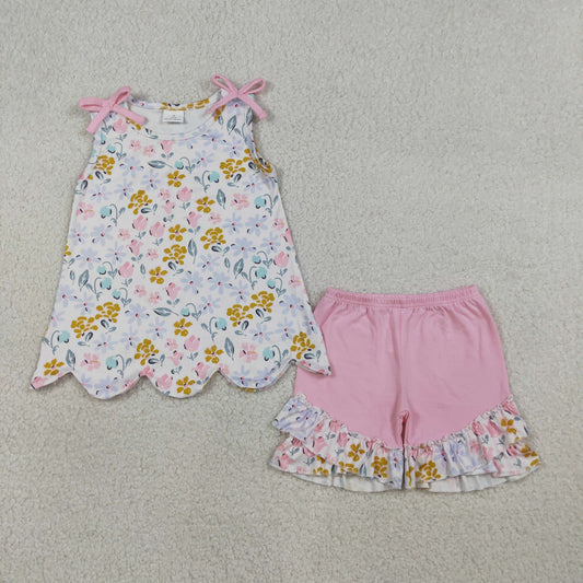 Baby Girls Colorful Flowers Scallop Tunic Ruffle Shorts Clothes Set